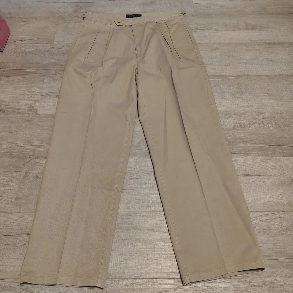 Polo Golf Ralph Lauren Khaki Pleated Chino Pants Men 35x32 Side Cinch Tan Cotton